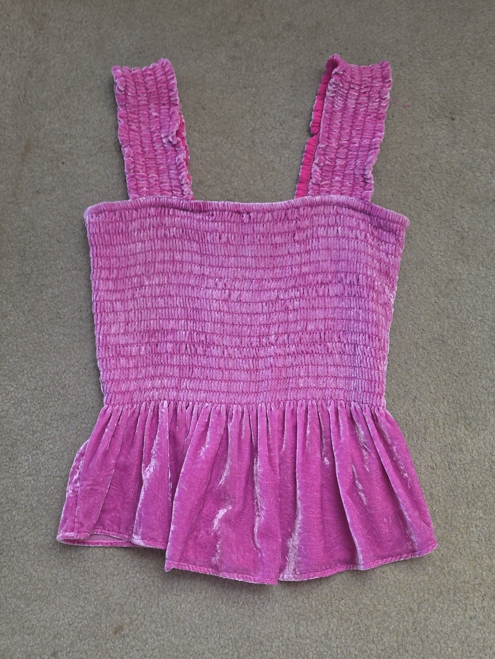 Anthropologie Pink Velvet Smocked Peplum Tank Small